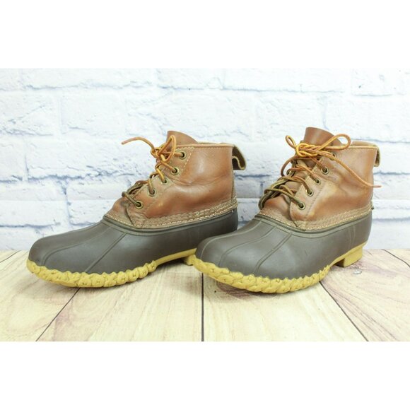 LL Bean Lace Up Unlined Ankle Duck Boots Brown Leather Round Toe Size 8 M - Picture 2 of 10